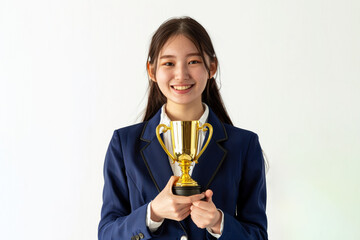 Adorned in stylish blue business attire, a jubilant Japanese girl beams with joy as she proudly holds a gold trophy against a white background.