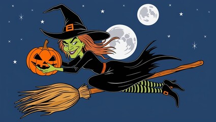 Wall Mural - Witch Flying on Broomstick: Spooky Halloween Night Scene with Jack-o'-Lantern and Full Moon, Perfect for Seasonal Designs