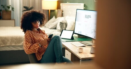Poster - woman, phone and scroll in house for social media, communication and reading news article or blog. a