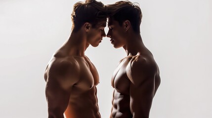 Two Young Men in a Tender Embrace with Foreheads Touching in Minimalistic Studio Lighting