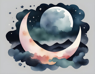 Wall Mural - Watercolor moon illustration