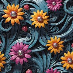 Wall Mural - Colorful and cute design with various swirling floral patterns and butterflies