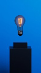 Aufkleber - Illuminated light bulb on pedestal against blue background, modern design concept