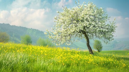 Wall Mural - A meadow of spring grass under a blooming cherry tree