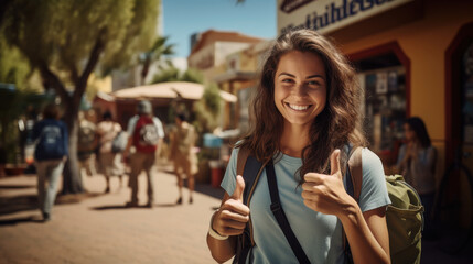 Wall Mural - young indian female student showing thumbs up