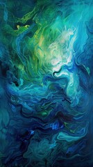 Poster - An abstract composition features fluid, swirling colors in shades of blue and green, evoking a sense of movement and tranquility reminiscent of ocean depths