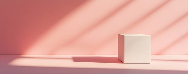 Poster - White cube on a pink background with shadow patterns, minimalist aesthetic concept