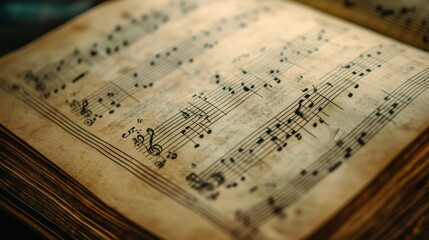 Close-up of a Vintage Music Sheet with Notes and a Treble Clef