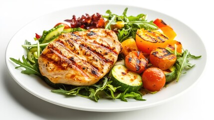 Healthy grilled chicken served with a medley of vegetables on a white plate, isolated on a white background, perfect for culinary visuals