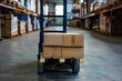 © Igor - Cardboard boxes on hand pallet truck at storehouse. A pallet truck with a parcel at a logistics company's warehouse