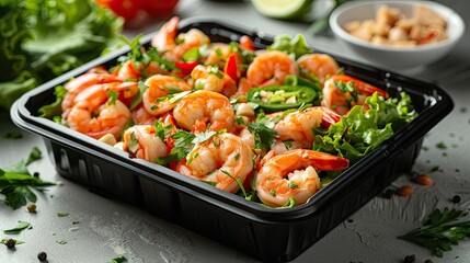 Studio shot of black plastic rectangular container holding pad Thai, isolated on white background, side view, with sun casting shadows