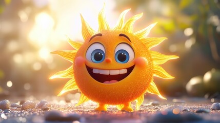 A cheerful, smiling summer sun character with bright rays and a joyful expression, capturing a fun and sunny vibe.