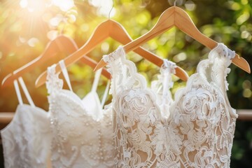 Wall Mural - Elegant Wedding Dresses on Hangers. White lace wedding display. Simple sunny background wallpaper