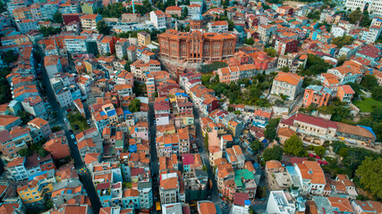 Aerial view of the Balat Greek School Greek High School building, mosques and buildings in Istanbul, taken with a drone.