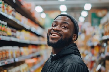 Wall Mural - Joyful Black man Shopping in Supermarket