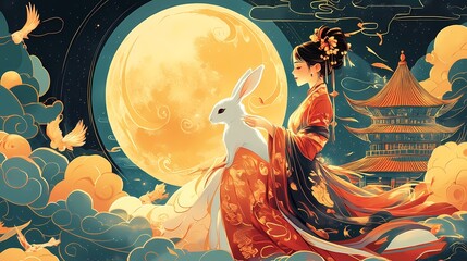 An illustration about the Chinese traditional  festival ，Mid-Autumn Festival, in which a woman named Chang'e is dressed in traditional Chinese clothing with a rabbit