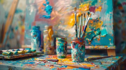 Aufkleber - artist studio filled with paint splatter middle of creating