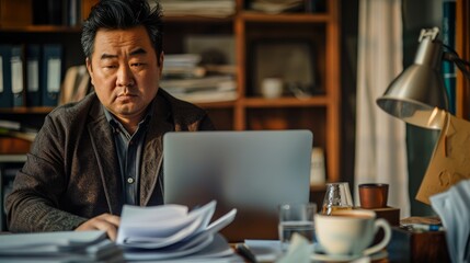 Poster - Asian businessman with build focused on his laptop at a contemporary office desk