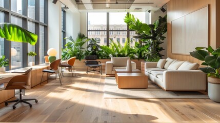 Poster - office with clean wooden floors green plants in the corners