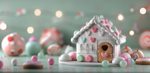 Wall Mural - Festive Gingerbread House Decorated With Candy and Icing During Holiday Season