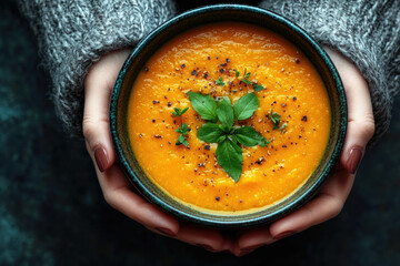 Wall Mural - Woman holding a bowl of delicious creamy pumpkin soup, close up