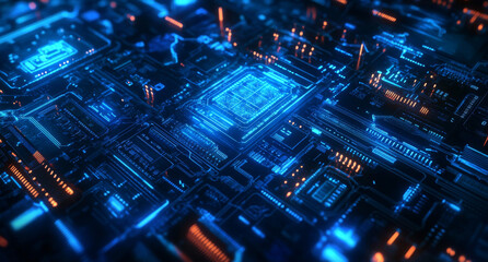 Close-up of a futuristic blue circuit board with glowing lines and components, representing advanced technology and digital innovation.
