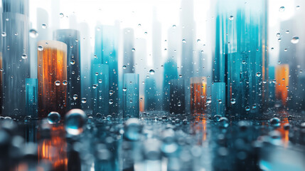 Poster - Rain falling on futuristic city with modern architecture