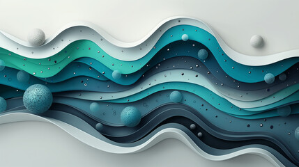 Poster - Abstract papercut art background with wavy shapes and spheres in blue and green tones