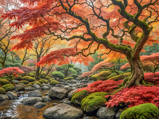 autumn creek woodland. sunny red yellow trees foliage rocks in forest mountain. idyllic garden park 