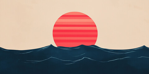 Wall Mural - Red striped sun setting on a wavy ocean with minimalist design