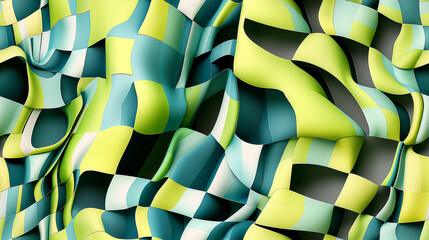 Poster - Abstract background forming wavy checkered pattern with green and yellow squares