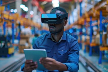 Poster - A man wearing a blue shirt is wearing a virtual reality headset and holding a tablet. He is focused on the tablet, possibly using it for work or entertainment. Concept of technology and immersion