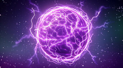 Poster - Electric Sphere with Dynamic Lightning in Purple Glow. A vibrant electric sphere surrounded by striking bolts of lightning. Captured in a mystical and energetic atmosphere