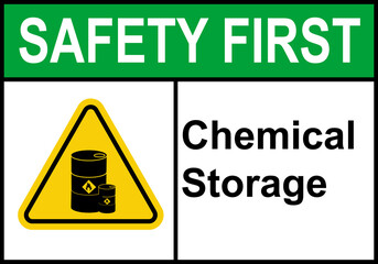 Chemical storage area sign. Warning of danger near warehouses and containers with chemicals. Dangerous to health. Entry only for authorized personnel in personal protective equipment.