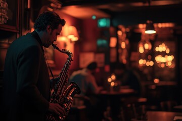 Dimly lit jazz club with a lone saxophonist, with copy space