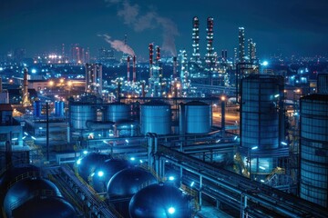 Wall Mural - A city skyline at night with many factories and a large number of tanks. The city is lit up with bright lights and the atmosphere is industrial and bustling