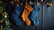 © Zivorad - Three Christmas stockings, in blue and orange, with glittering patterns are beautifully hung against a dark background, surrounded by festive lights and Christmas decorations.