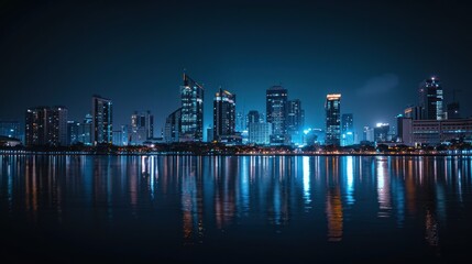 Wall Mural - Nighttime cityscape with illuminated skyscrapers and reflections in water