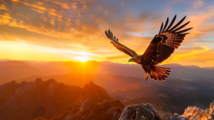 Majestic golden eagle soaring the sky above high rocky mountain 