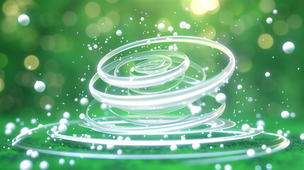 Poster - Spiral Abstract Background with Floating Light Particles. Dynamic Swirls and Vibrant Green Backdrop Creating a Magical Atmosphere. Ethereal Design for Modern Aesthetic