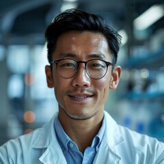 Poster - A man wearing glasses and a white lab coat is smiling. He looks happy and confident. Concept of professionalism and expertise, as the man is likely a scientist or a medical professional