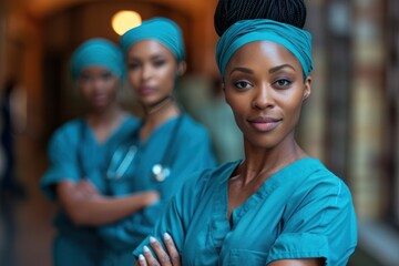 Poster - Three women in blue scrubs are posing for a photo. They are all wearing stethoscopes around their necks