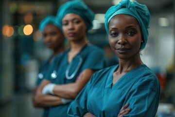 Poster - Three women in blue scrubs are standing together in a hospital setting. They are all wearing white gloves and have their arms crossed. Scene is serious and professional