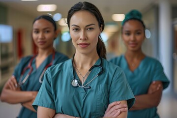 Wall Mural - Three women in green scrubs are posing for a picture. They are all wearing stethoscopes around their necks