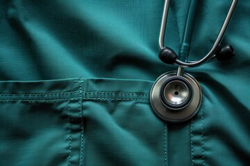 Sticker - A stethoscope is attached to the pocket of a green uniform. The stethoscope is silver and black