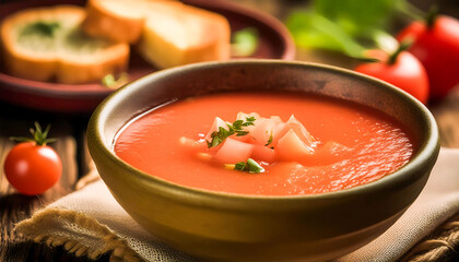 A bowl of traditional Spanish gazpacho garnished with herbs, served in a rustic bowl on a wooden table.