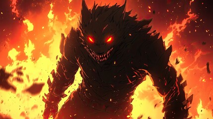  A lone demon in anime style, with glowing red eyes and sharp claws, against a backdrop of hellish flames.