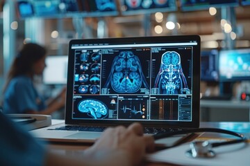 Sticker - A person is looking at a computer screen with a brain scan on it