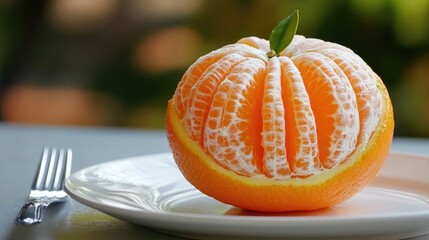 A peeled and segmented orange, displayed on a white ceramic plate with a fork beside it.