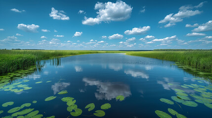 Summer landscape with a lake, blue sky and white clouds on the background. 